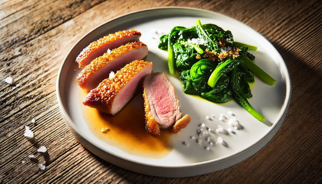 Crispy Skin Duck Breast with Sautéed Spinach: A Gourmet Delight at Home