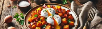 Sweet Potato and Bacon Hash with Poached Eggs