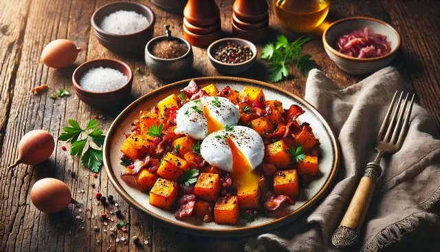 Sweet Potato and Bacon Hash with Poached Eggs – A Breakfast Delight