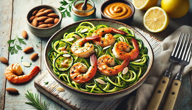 Delicious Zoodle Bowl with Grilled Shrimp & Almond Sauce