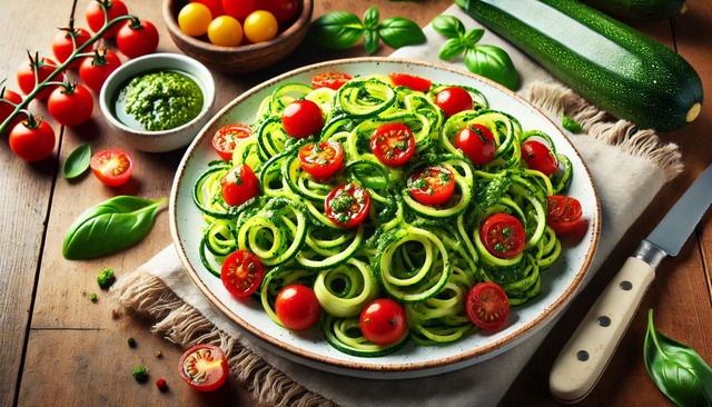 Quick & Healthy Zucchini Noodles with Pesto and Cherry Tomatoes