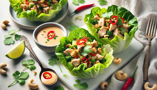 Thai Chicken Lettuce Cups with Cashew Sauce