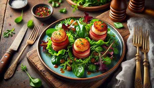 Bacon-Wrapped Scallops with Mixed Greens